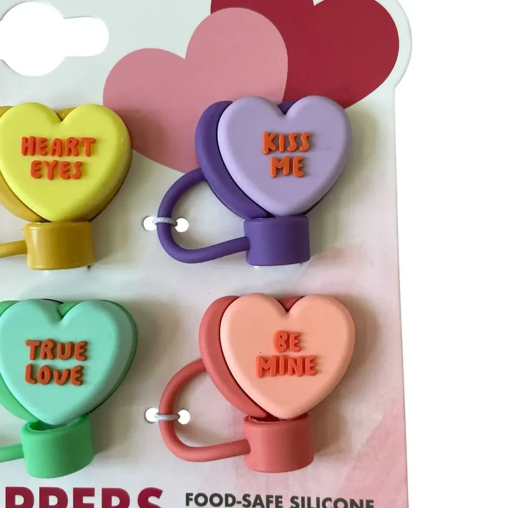 Conversation Heart Straw Toppers 6pk Valentines Day Multicolor Silicone XO New